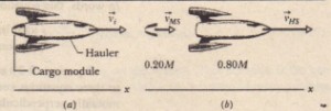 (a) A space hauler. with a cargo module. moving at initial velocity VI' (b) The hauler has ejected the cargo module. Now the module has velocity VMS and the hauler has velocity vH