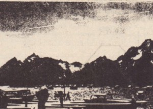 Exercise 2. A large meteorite skips across the atmosphere in the sky above the mountains (upper right).